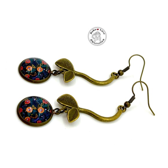 Black Cherry Dangle Earrings, Retro Boho Jewelry, Bohemian Bronze Accessory - Picture 6 of 10